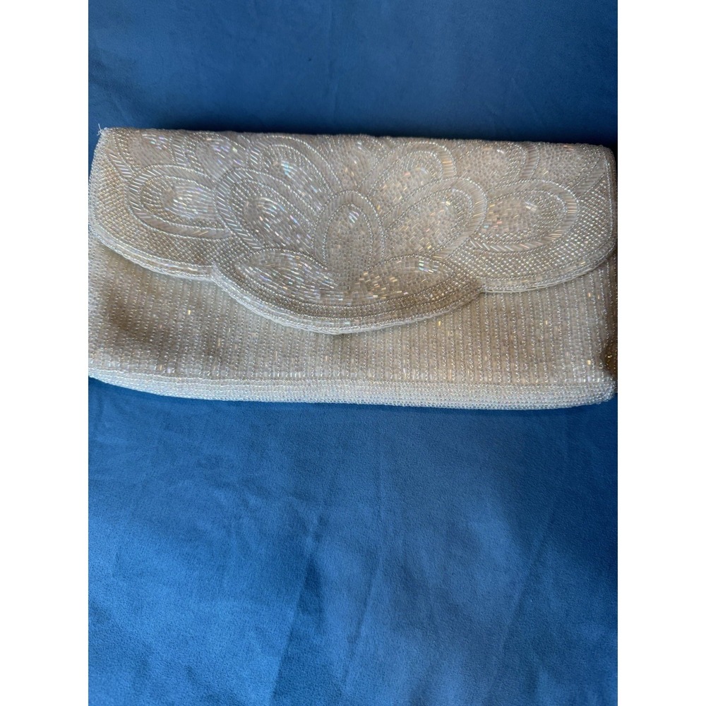 Bechamel White Beaded Clutch Purse with Gold Chain Shoulder Strap Evening Bag